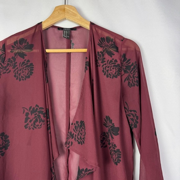 Forever 21 Burgundy Red Floral Sheer Longline Boho Kimono S - Picture 3 of 4